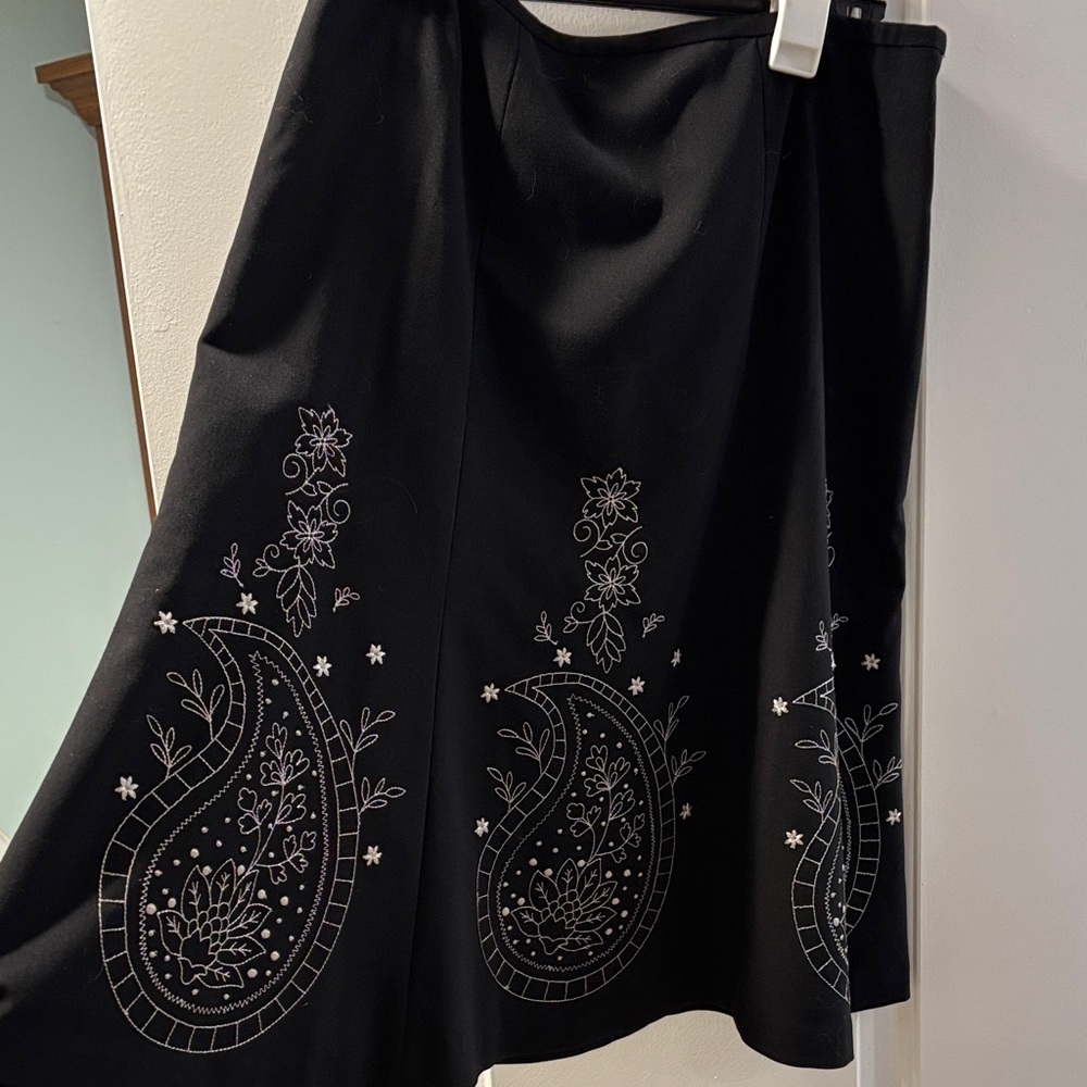 LOFT Black Paisley Embroidered A-line Midi Skirt